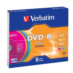 Scatola 5 DVD-R Slim Case 16x 4.7 GB 120 Min. Serigrafato Colorato VERBATIM.